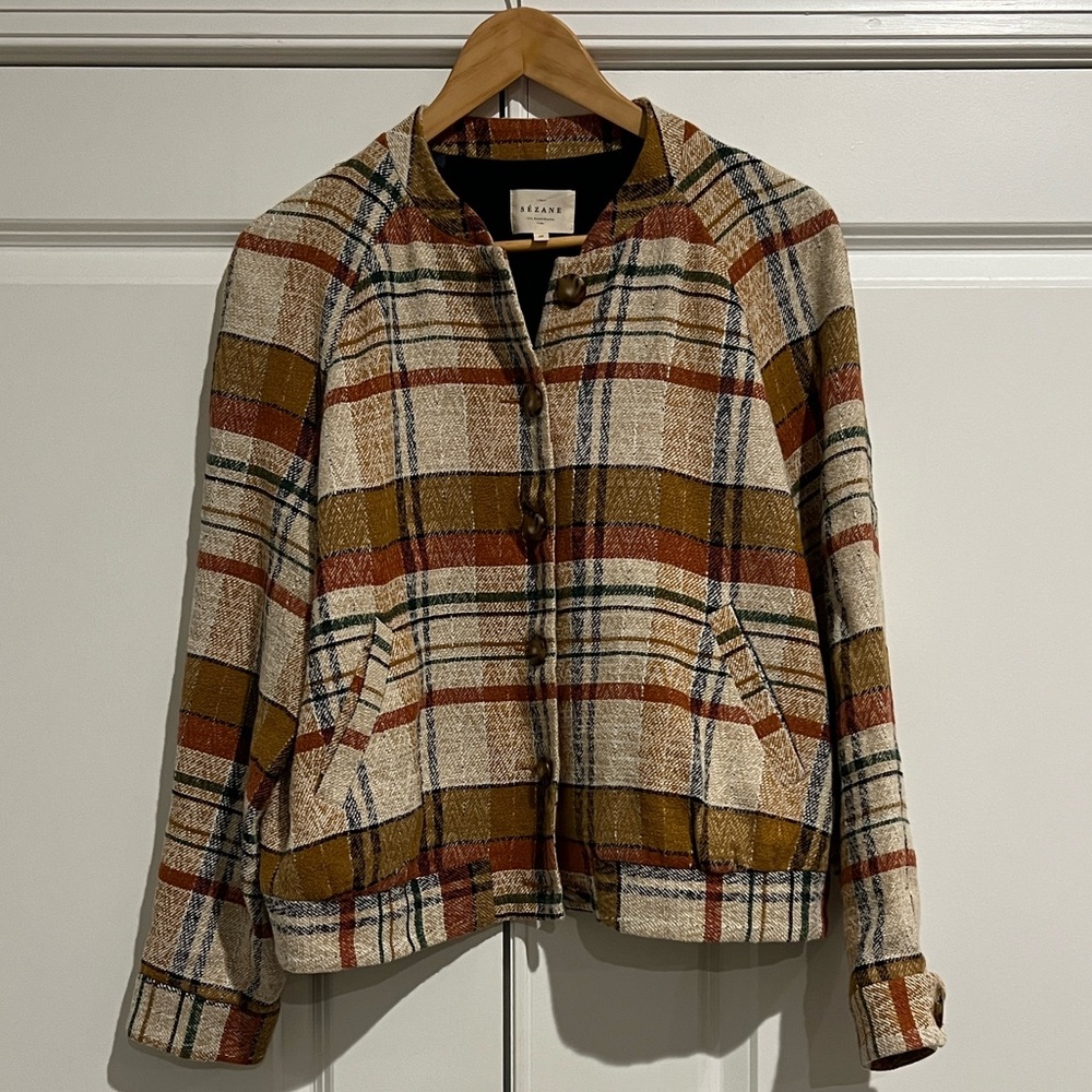Sézane Plaid Button-Front Bomber Jacket – Size 40 / US 8 – Excellent Condition